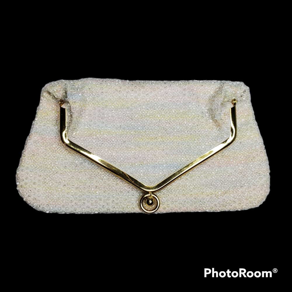 Vintage Corde beaded clutch subtle pastel stripes gold‎ trim